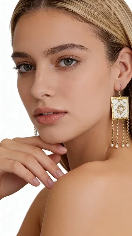 These striking statement earrings feature embroidered geometric designs in gold thread on a white background, making them the ideal accessory for every woman seeking modern and original jewelry. Designed by Greek Jewelry Designer Aikaterini Chalkiadaki, they combine the traditional art of embroidery with contemporary geometric lines.

The gold thread adorning the white base creates striking contrasts and lends a sense of luxury to the design. The dangling gold-tone elements add movement and distinctive character, while the geometric pattern makes them suitable for both everyday looks and special occasions.

Ideal for weddings, evening outings, and for adding style to your everyday outfit, these handmade earrings reflect Greek tradition in modern fashion. Store in a dry place away from moisture and avoid contact with perfumes and cosmetics.
