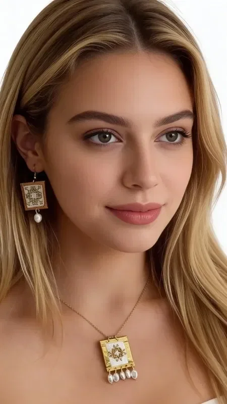 These striking statement earrings with embroidered geometric patterns in gold thread and white combine the traditional art of embroidery with modern design. Designed by Greek Jewelry Designer Aikaterini Chalkiadaki, these handmade earrings are the perfect choice for women seeking original jewelry with a distinctive character.

The detailed embroidery work in gold thread creates unique geometric motifs that stand out, while the dangling white pearls add elegance and movement. The combination of white and gold makes these dangle earrings ideal for both everyday wear and special occasions.

The high-quality craftsmanship and carefully selected materials guarantee comfort and durability, while their folklore design makes them perfect for striking looks. Ideal for weddings, evening outings, or to add an artistic touch to your everyday style.

Store in a dry place and clean gently with a soft cloth.