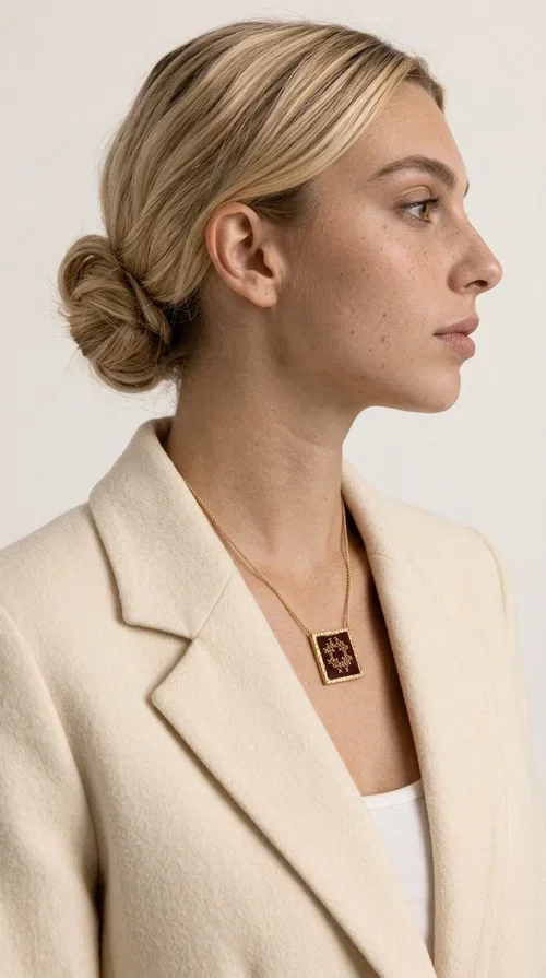 The embroidered burgundy necklace with geometric designs is a statement piece that combines the tradition of Greek folk art with a contemporary aesthetic. Designed by Greek Jewelry Designer Aikaterini Chalkiadaki, it features folklore-inspired geometric motifs on deep burgundy fabric, framed in gold-toned brass that lends it a rich, vintage feel.

The rectangular pendant is adorned with handmade embroidery in gold and burgundy tones, creating a striking result that truly stands out. The delicate gold-toned brass chain highlights the pendant, making it the focal point of any look. Ideal for women who love bold, eye-catching necklaces full of character and story.

Wear it over a white shirt, a dress, or a trench coat for a flawless, layered look. It suits both casual and formal occasions, adding versatility to your wardrobe.