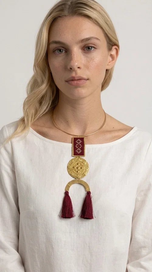 A statement embroidered necklace that combines tradition with contemporary aesthetics — ideal for every woman who loves striking jewelry with character.

Designed by Greek Jewelry Designer Aikaterini Chalkiadaki, this handmade necklace is a harmonious composition of brass and fabric in a deep burgundy color. The embroidered rectangular piece with folklore-inspired geometric patterns sets the tone, while the round engraved metal piece and the semicircular base with burgundy tassels complete a composition rich in texture and detail. The necklace is worn on a gold-toned torque — clasp-free, lightweight and comfortable to wear.

Ideal for pairing with white linen or a monochrome outfit, it instantly adds character to both casual and evening looks. The geometric embroidery and tassels make it a distinctive piece — a true statement jewelry piece for the neck.