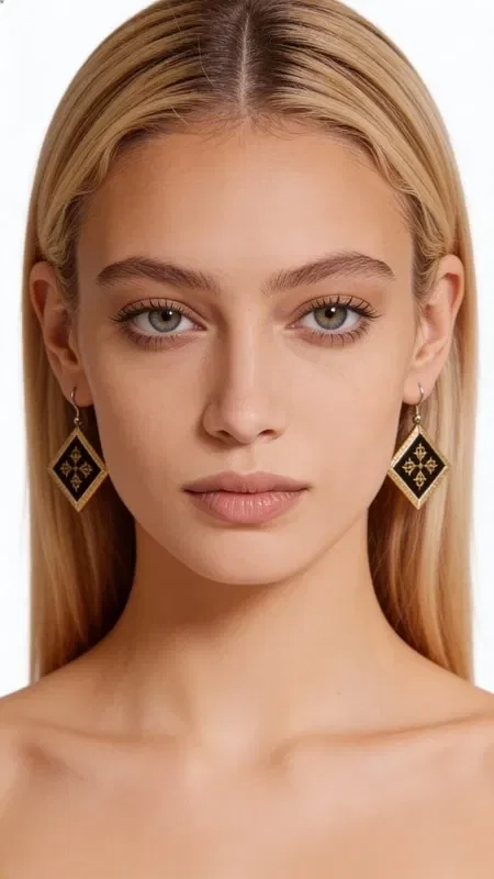 The embroidered statement earrings with geometric designs in gold thread on a black base are the perfect choice for those seeking eye-catching and original jewelry. Designed by Greek Jewelry Designer Aikaterini Chalkiadaki, these handmade earrings combine the traditional art of embroidery with contemporary design.

The black base with the golden geometric motifs creates a refined combination that adds sophistication to any look. The diamond shapes embroidered with gold thread give an ethnic flair that suits both casual and formal looks. Their dangling form moves beautifully and adds motion to the face.

Ideal for weddings, evening outings, or whenever you want to add an artistic touch to your outfit. Care for them gently with dry cleaning and store them in a dry place to preserve their beauty.