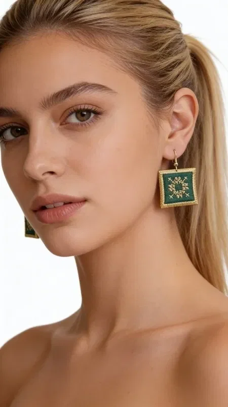 Striking statement earrings embroidered with gold thread that combine the unique aesthetic of Greek folklore with modern elegance. These handmade jewelry pieces, designed by Greek Jewelry Designer Aikaterini Chalkiadaki, feature an enchanting square shape in vivid green with gold embroidery forming geometric patterns.

The embroidered earrings feature detailed craftsmanship with gold thread creating refined designs on a green base. The embroidered fabric is surrounded by a gold frame that gives it a luxurious look, while their size makes them ideal for statement looks. They are perfect for wedding events, special occasions, or whenever you want to add an impressive touch to your everyday style.

Take care of your embroidered earrings by avoiding contact with water and storing them in a dry place to preserve their beauty.
