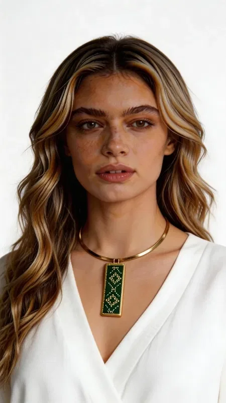 Discover the perfect balance between traditional craftsmanship and contemporary style with this striking embroidered necklace in shades of green. Designed by Greek Jewelry Designer Aikaterini Chalkiadaki, this handmade piece combines geometric patterns with gold thread for a unique, standout result. The distinctive embroidery technique on canvas (etamine) creates a refined blend of green tones that shimmer thanks to the gold thread. The necklace is completed with brass, adding a vintage touch and ensuring durability. Its statement design makes it ideal for special occasions as well as everyday wear, whenever you want to add color and style to your look. Material: Brass, Fabric. Pair it with other pieces from the same collection for a complete look. Store it in a dry place away from direct sunlight to preserve its colors.