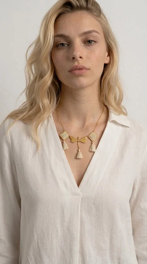 An embroidered necklace that blends folk aesthetics with modern elegance — the Statement necklace KOL-4771 is the ideal choice for those seeking jewelry with character and warmth.

Designed by Greek Jewelry Designer Aikaterini Chalkiadaki, this necklace is a handmade work of art inspired by Greek folklore aesthetics. Made of brass and fabric, it features geometric embroidered motifs in gold tones alternating with a central butterfly motif, while four ivory fabric tassels add movement and boho-chic flair. The ivory and gold palette creates a timelessly elegant combination, suitable for every season.

Wear it with a white linen shirt or a simple dress to fully showcase its beauty. Ideal for summer looks, weddings, christenings, or even for everyday outings that call for something special.