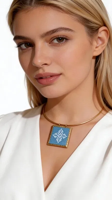 Discover the art of embroidery in this exquisite embroidered light blue necklace that combines traditional technique with contemporary aesthetics. This unique piece, designed by Greek Jewelry Designer Aikaterini Chalkiadaki, stands out for its geometric patterns and the use of gold thread that adds elegance and shine.

The embroidered light blue necklace is created with stamina fabric and gold thread, while the pendant is connected to a brass chain for greater durability and style. The geometric motifs in shades of light blue create a wonderful combination that suits both everyday and special outfits.

Material: Brass, Fabric
Care: Avoid contact with water and perfumes. Store in a dry place.