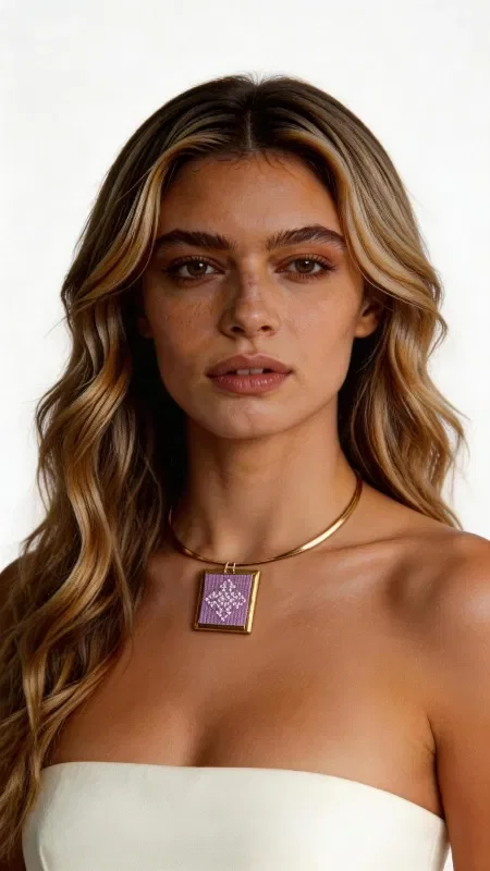 Discover the elegance of handmade craftsmanship with this striking embroidered necklace in a lilac shade, combining traditional artistry with contemporary design. Designed by Greek Jewelry Designer Aikaterini Chalkiadaki, this piece is a unique expression of Greek craftsmanship and artistic sensibility.

The statement necklace is adorned with geometric motifs embroidered with gold thread, creating a rich blend of colors and textures. The square embroidered element serves as the centerpiece of the design, while the brass chain adds a modern touch to the traditional handcrafted style.

Ideal for completing both casual and formal outfits, the necklace offers versatile styling options and can be worn alone or layered with other pieces. Its lilac hue pairs beautifully with light-colored garments and creates striking contrasts against darker palettes.

Material: Brass, Fabric
Care: Store in a dry place and avoid contact with water and perfumes to preserve the colors of the embroidery.