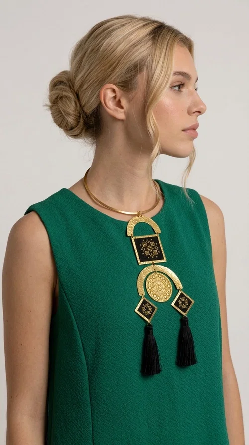 A statement embroidered necklace that instantly catches the eye — featuring a bold geometric aesthetic, golden details and black tassels that sway gracefully with every step. Designed by Greek Jewelry Designer Aikaterini Chalkiadaki, this handmade necklace blends folklore inspiration with modern sophistication, creating a piece of jewelry that stands out at first glance.

The necklace features a rigid gold-toned brass collar from which geometric elements hang: semicircles, squares and diamond shapes with embroidered patterns on black fabric and gold details. Three black tassels complete the composition, adding movement and depth. The choice of materials — brass and fabric — makes it lightweight despite its impressive size.

Ideal for elevating a simple dress, a monochrome outfit, or even a business casual look. It suits both casual and formal occasions, from everyday wear to evening outings.