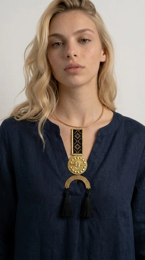 A statement embroidered necklace that combines tradition with contemporary aesthetics — ideal for those who want to express themselves through their jewelry. Designed by Greek Jewelry Designer Aikaterini Chalkiadaki, this striking necklace is a tribute to folk art and craftsmanship, featuring geometric embroidered designs in deep black that evoke the Greek tradition of embroidery.

The necklace features a rectangular embroidered section with folklore geometric motifs, a gold-tone brass disc with an embossed sun design, a semicircular gold-tone element, and black tassels that add movement and character. It is mounted on a slim gold-tone choker-style chain, creating a silhouette that is both airy and dynamic.

Ideal for summer looks, evening outings, or travel, it pairs beautifully with simple necklines, boho dresses, or linen outfits. Made from brass and fabric, it is lightweight to wear and built to last.