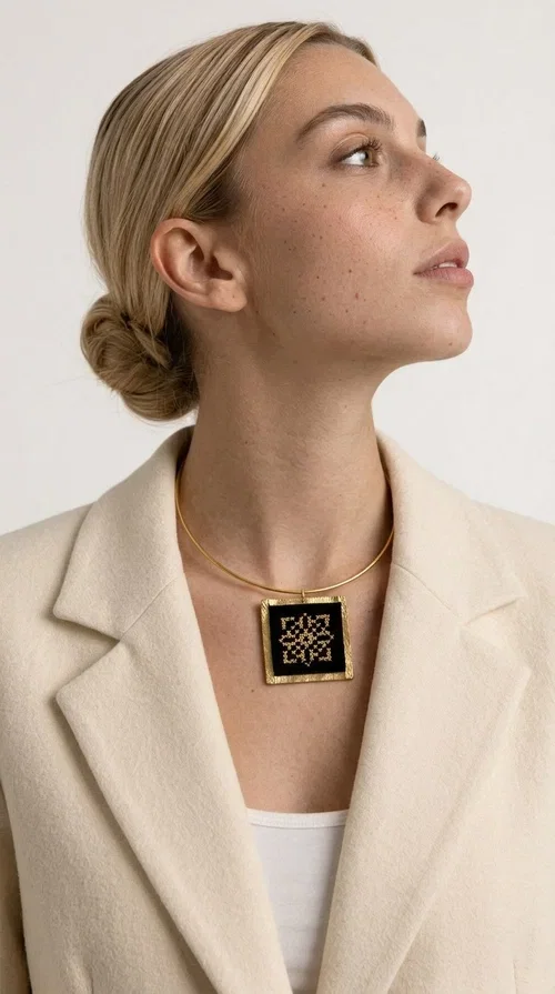 , An embroidered necklace that instantly catches every eye — this Statement Necklace with geometric patterns on a black background blends the traditional art of embroidery with a modern, minimal aesthetic.

Designed by Greek Jewelry Designer Aikaterini Chalkiadaki, this handmade necklace is a unique piece that showcases Greek craftsmanship in all its glory. The square pendant, made of brass and fabric, features an intricately worked geometric motif inspired by traditional folk art — creating an effect that resembles embroidery in a black-and-gold color palette. The choker hugs the neck with elegance, while the raised gold frame of the pendant adds a distinctive depth and character to the overall look.

Ideal for casual style with a blazer or for evening looks, this striking necklace pairs equally well with a white shirt or a black dress. If you're looking for large, eye-catching necklaces with soul and story, this is the answer.