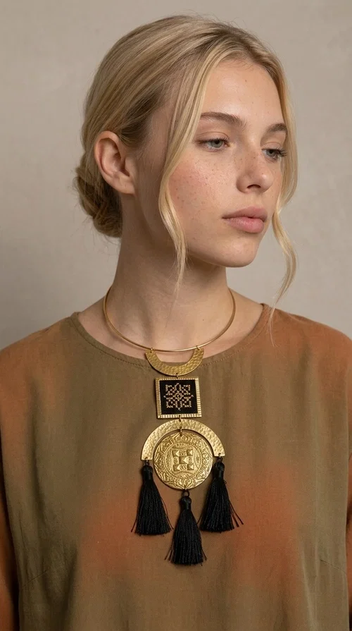 A statement embroidered necklace that combines tradition with contemporary aesthetics — ideal for those seeking jewelry with character and history.

Designed by Greek Jewelry Designer Aikaterini Chalkiadaki, this striking handmade necklace draws inspiration from folk tradition and the geometric motifs of Greek embroidery. The composition features a hammered semicircular brass frame, an embroidered square section with a black cross-stitch geometric pattern, and an impressive engraved brass disc adorned with traditional relief motifs. At the bottom, four black fabric tassels add movement and depth to the overall design.

The necklace is worn like a torque — a brass hoop that fits comfortably around the neck without a clasp — making it exceptionally easy to wear. It pairs perfectly with minimal or boho outfits, while elevating even a simple monochrome look. Perfect for nights out, celebrations, and for those who want to express their personality in everyday life.