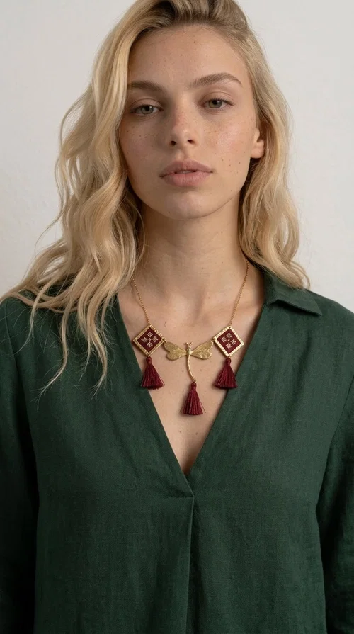 The statement embroidered burgundy necklace is a jewel that instantly draws attention — featuring geometric patterns inspired by Greek folk art and a color palette that expresses richness and character. Designed by Greek Jewelry Designer Aikaterini Chalkiadaki, this handmade necklace combines gold-tone brass with embroidered fabric elements in deep burgundy, creating a result that balances between folk and contemporary style.

The necklace features two diamond-shaped pieces with embroidered geometric motifs, a central brass beetle-shaped link, and three burgundy tassels that add movement and drama to the overall look. The gold-tone brass chain completes the composition in an elegant, minimal way that lets the main elements shine. It is ideal as a statement piece for everyday looks as well as for evening occasions.

Wear it with a simple solid-colored shirt or dress to highlight its rich detail. It pairs exceptionally well with earthy tones, greens, and blacks.