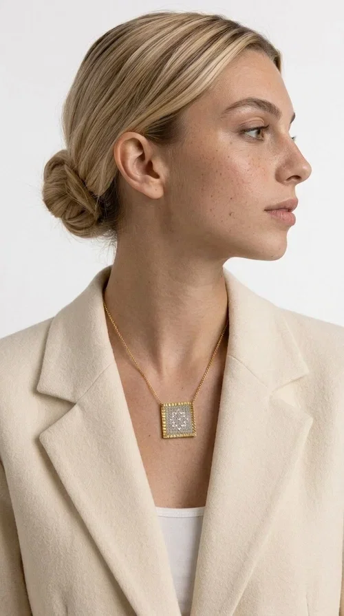 A statement embroidered necklace that combines tradition with contemporary style — ideal for those who love striking jewelry with character. Designed by Greek Jewelry Designer Aikaterini Chalkiadaki, this handmade necklace features geometric embroidered patterns in cream tones, inspired by folk art and Greek tradition. The square pendant with a brass frame and fabric surface makes for a unique piece of jewelry that stands out from the ordinary.

The delicate gold-tone chain highlights the pendant, making it stand out in both casual and more formal looks. The geometric embroidered motifs give a sense of vintage elegance, while the cream tones make it versatile — pairing well with dresses, jackets, and even casual outfits. An ideal gift for women who appreciate handmade jewelry with a Greek soul.