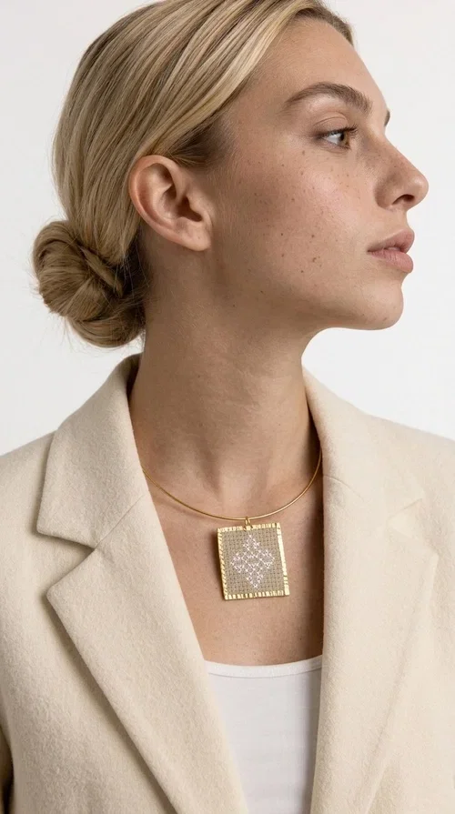 An embroidered necklace that blends tradition with contemporary design — the Statement necklace KOL-4728 is the ideal choice for every woman who wants to express herself through unique jewelry. Designed by Greek Jewelry Designer Aikaterini Chalkiadaki, this striking necklace showcases the charm of craftsmanship in a completely modern way.

The square pendant in gold brass features delicate embroidery in a cream shade, with geometric patterns inspired by Greek folk tradition. The texture of the fabric combined with the metal frame creates a contrast that immediately catches the eye. The necklace hangs from a slender gold ring that elevates any outfit.

Ideal as a statement necklace for casual looks as well as more formal occasions, it pairs perfectly with a white t-shirt, blazer, or boho dress. It offers a boho-chic result with folklore aesthetic references, making it stand out among women's necklaces.