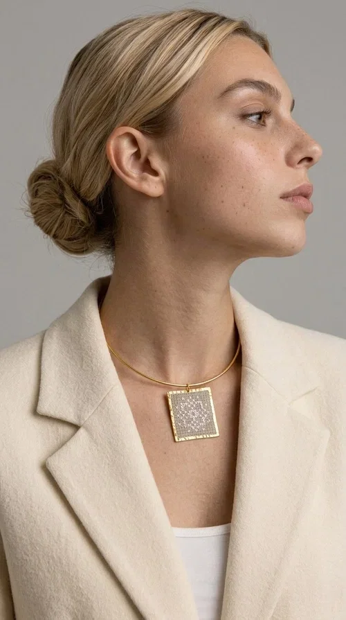 An embroidered statement necklace that blends craftsmanship with contemporary aesthetics—ideal for those seeking jewelry with character and uniqueness.

Designed by Greek jewelry designer Aikaterini Chalkiadaki, this striking necklace features a square embroidered pendant in a cream hue, adorned with delicate geometric patterns that evoke the traditions of Greek folk art. The pendant rests on a gold-toned brass collar, giving the overall piece a structured, modern silhouette that pairs equally well with casual and formal attire.

The fabric's weave is dense and meticulous, featuring textured embroidered motifs that create a folklore-inspired aesthetic. The gold-toned brass frame encases the pendant with geometric precision, highlighting the handcrafted finesse of every detail.