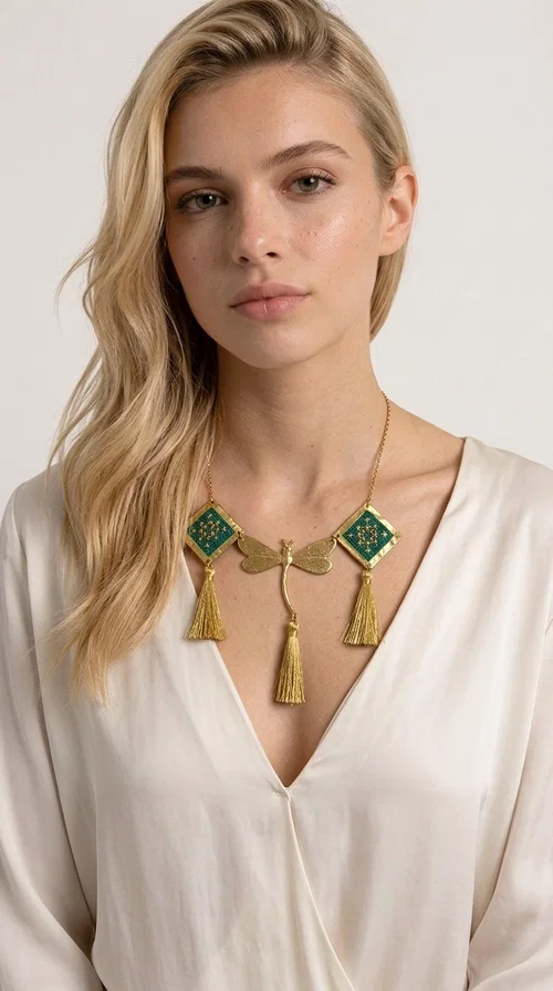 A statement embroidered necklace that doesn't go unnoticed — featuring geometric patterns inspired by Greek tradition and a contemporary aesthetic that suits every strong feminine presence.

Designed by Greek Jewelry Designer Aikaterini Chalkiadaki, this handmade necklace combines brass and fabric in a composition strongly reminiscent of traditional folk embroidery art. Two diamond shapes of green embroidered fabric with gold geometric motifs frame a gold dragonfly at the center, while three gold tassels add movement and grace to the overall design. The result is a piece of jewelry with a deeply folklore aesthetic and, at the same time, a distinctly modern character.

Ideal for women who love striking jewelry that tells a story. It pairs perfectly with simple, monochrome looks — such as a white or cream shirt — highlighting its color and patterns. Suitable for both daytime and evening looks, receptions, weddings, or trips where you want to stand out.