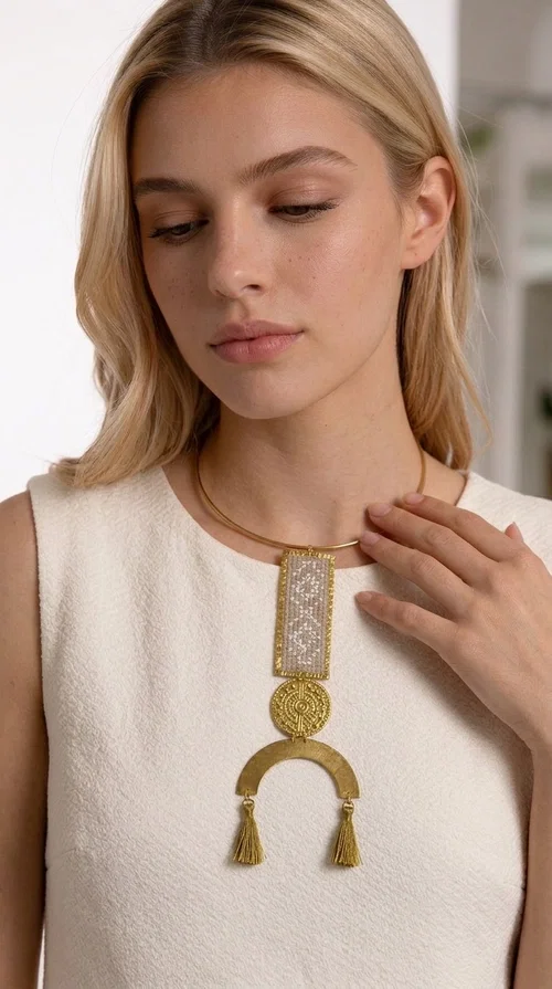 A statement embroidered necklace that instantly catches the eye — featuring ivory geometric patterns on a brass frame, with details inspired by folklore tradition. Designed by Greek Jewelry Designer Aikaterini Chalkiadaki, this handmade necklace combines the art of embroidery with a modern aesthetic, creating a truly distinctive piece.

The necklace features a rectangular embroidered panel with delicate geometric motifs in shades of ivory and gold, a circular brass element with an embossed design at the center, and a semicircular base adorned with two gold tassels that add movement and a luxurious feel. The brass neck ring ensures a secure fit and timeless style.

Ideal for women who love striking jewelry with character, it pairs beautifully with simple ivory or white outfits, as well as bold colors for contrast. Perfect for evening outings, summer events, weddings, or stylish daytime looks.