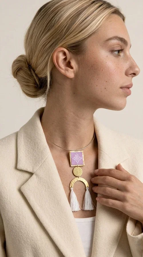 A statement embroidered necklace that combines the traditional art of embroidery with a modern aesthetic — the ideal piece for every woman who wants to express herself with style and authenticity.

Designed by Greek Jewelry Designer Aikaterini Chalkiadaki, this handmade necklace features an embroidered square motif in pink/lilac tones with white geometric patterns inspired by Greek folk tradition. The embroidered piece is framed in golden brass and paired with a round embossed motif and a semicircular gold base, from which delicate white tassels hang, adding movement and grace. The look is completed with a fine gold choker-style chain.

Ideal to wear over a white top, a dress, or even a simple casual look that needs a touch of character. This striking long necklace turns any outfit into a true styling statement.