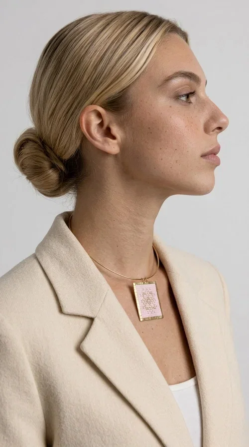 The statement embroidered necklace in a pink hue is a piece of jewelry that combines the traditional art of embroidery with contemporary design, creating a result that immediately catches the eye. Designed by Aikaterini Chalkiadaki, it carries the signature of Greek handmade craftsmanship and is an ideal choice for those seeking jewelry with character and history.

The necklace features a rectangular embroidered pendant with geometric patterns inspired by folk art and a folklore aesthetic. The pink fabric base combined with golden brass details creates a harmonious contrast that highlights the handmade element. The gold-toned metal omega-style chain gives structure and elegance to the whole, while the pendant is framed by distinctive golden details that emphasize the craftsmanship.

Wear it over a white t-shirt for a casual look or pair it with a blazer for a professional or evening look — just as shown in the photo. It is a piece of jewelry that suits every style and makes an excellent gift idea.