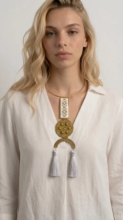 A statement embroidered necklace that doesn't go unnoticed — featuring geometric patterns inspired by Greek tradition and an aesthetic that blends folk with contemporary style.

Designed by Greek Jewelry Designer Aikaterini Chalkiadaki, this handmade necklace consists of an embroidered rectangular section in white and gold with diamond-shaped geometric motifs, a round brass pendant with embossed details, and a semi-circular element from which two elegant white tassels hang. The piece is worn on a delicate gold torque-style chain that sits comfortably around the neck.

Ideal for those seeking striking jewelry that tells a story, this long necklace pairs equally well with a simple white shirt, a summer dress, or a boho outfit. Its white-and-gold palette makes it versatile for both day and evening wear.