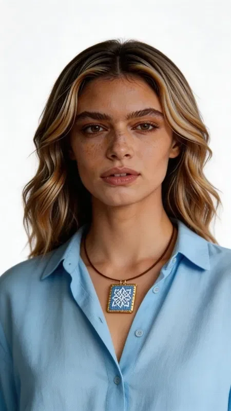 The embroidered necklace with geometric patterns in a light blue hue is a striking piece of jewelry that combines the traditional art of embroidery with a modern aesthetic. Designed by Greek Jewelry Designer Aikaterini Chalkiadaki, this unique statement necklace features detailed geometric motifs embroidered with gold thread on a light blue background.

The handmade necklace has a square shape that lends modern elegance to the traditional embroidery technique. The gold thread creates shimmering details that stand out against the light blue fabric, while the brass adds elegance and durability.

The long necklace is ideal for layering or as a standalone statement piece. This striking embroidered necklace pairs perfectly with white, light blue, or gold outfits.

To preserve its beauty, avoid contact with water and store it in a dry place.

Material: Brass, Fabric