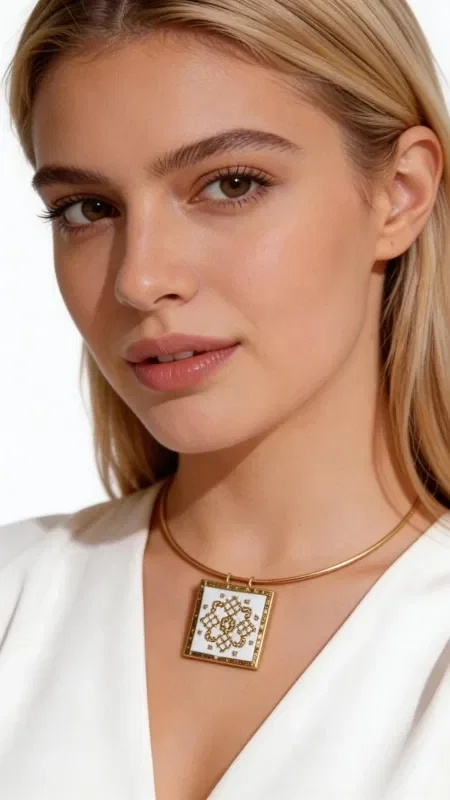 Discover the elegance of the embroidered necklace with geometric designs in a white hue, a unique handmade jewelry piece that combines the traditional art of embroidery with a modern aesthetic.

Designed by Greek Jewelry Designer Aikaterini Chalkiadaki, this striking statement necklace offers a refined touch to any look.

The embroidered pendant with gold thread creates a stunning contrast against the white fabric, while its square shape lends it geometric harmony. The gold choker that accompanies it at the neck creates an ensemble that radiates modern elegance.

Ideal for layering with other necklaces or worn alone as a striking statement piece.

This handmade necklace is the perfect choice for women who appreciate the uniqueness and quality of Greek jewelry. It pairs wonderfully with summer outfits and adds a folk touch to any look.

Take care of your necklace by storing it in a dry place away from chemicals and perfumes to preserve its shine.

Material: Brass, Fabric