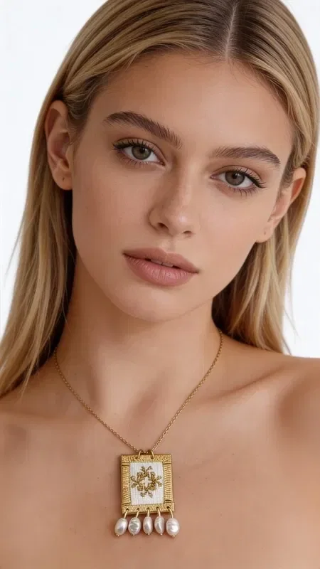 Discover the elegance of this embroidered necklace featuring geometric patterns in white, designed by Greek Jewelry Designer Aikaterini Chalkiadaki. This statement piece combines the traditional art of embroidery with contemporary aesthetics, creating a unique accessory that stands out.

The necklace features an embroidered square element with gold thread that creates striking geometric motifs on a white base. The brass construction ensures durability and color retention, while the dangling details add movement and light to the design. The handmade embroidery highlights Greek craftsmanship and gives each piece a unique character.

Ideal for special occasions and everyday elegance, this pearly necklace pairs perfectly with white and nude outfits. Its size makes it an impressive statement piece that catches every eye.

Store in a dry place and avoid contact with moisture and perfumes to preserve the jewelry's shine.