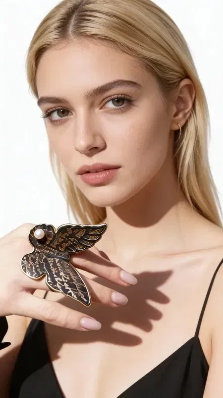 Discover the perfect balance between classic elegance and contemporary design with this striking statement handwritten ring with pearl. Designed by Greek Jewelry Designer Aikaterini Chalkiadaki, this unique piece combines handmade craftsmanship with innovative elements.

The ring features a black base with refined handwritten motifs reminiscent of ancient Greek letters and decorative elements. At the center of the composition, a white pearl adds a sense of luxury and brightness, creating a striking contrast with the dark background. The winged motifs and gold details complete the design, adding depth and movement to the piece.

This exceptional piece of jewelry is ideal for women who choose unique accessories and love handmade jewelry with a story. Take care of your ring by storing it in a dry place and gently cleaning it with a soft cloth.