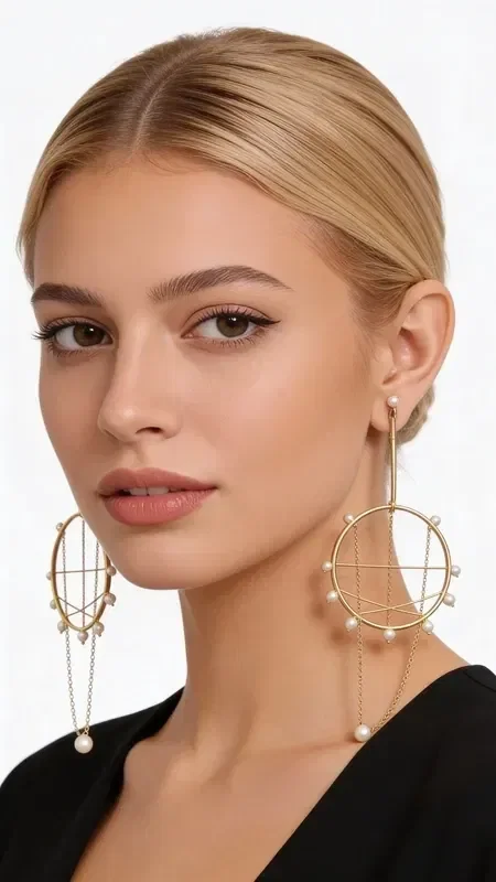 Statement long hoop earrings with pearls that combine the elegance of statement jewelry with the feminine aesthetic of handmade creations. Designed by Greek Jewelry Designer Aikaterini Chalkiadaki, this modern piece is the ideal combination of gold-tone metal and white faux pearls.

These dangling earrings feature a unique construction with circular hoops that create geometric lines, while the pearls add a vintage touch. Their golden hue and long length make them ideal for weddings, formal events, or for adding style to an everyday look.

These impressive statement earrings are easy to maintain with a soft cloth, avoiding contact with cosmetics. Perfect for women looking for original jewelry with Greek aesthetics and quality craftsmanship.