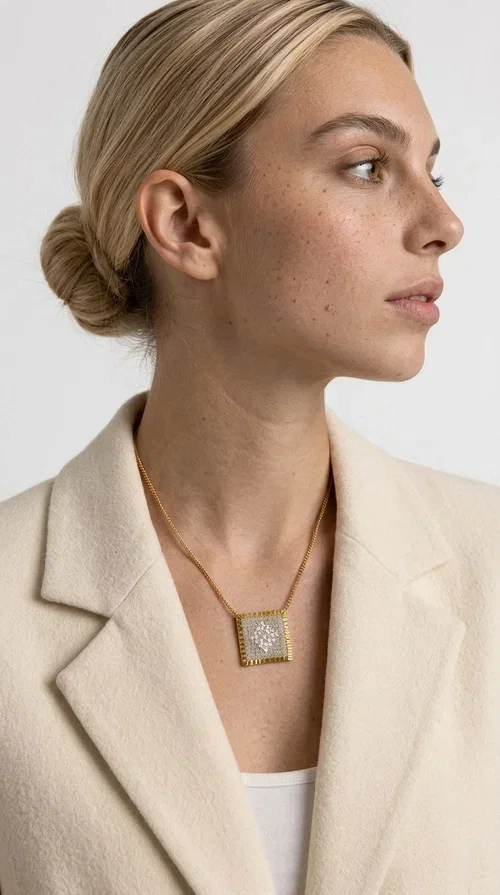 An embroidered necklace that combines the traditional art of embroidery with a modern aesthetic — ideal for every woman who loves handmade jewelry with character.

Designed by Greek Jewelry Designer Aikaterini Chalkiadaki, this statement necklace in a cream shade features a square brass pendant with a gold finish, adorned with delicate embroidered geometric patterns on fabric. The gold-tone box chain completes the composition harmoniously, offering an air of elegance and uniqueness. Each piece is the result of handcrafted work, with attention to every detail.

This necklace pairs perfectly with casual looks as well as more formal outfits — try it over a white t-shirt for a bohemian style or combine it with a blazer for a more sophisticated look. Ideal as a gift for women who appreciate handmade jewelry and Greek craftsmanship.