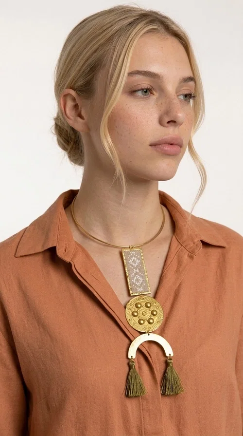 The ecru embroidered statement necklace with geometric patterns is a piece of jewelry that combines the traditional art of embroidery with modern aesthetics, creating an immediately eye-catching result. Designed by Greek jewelry designer Aikaterini Chalkiadaki, this handmade necklace is a distinctive choice for women who appreciate uniqueness and authentic craftsmanship.

The necklace features a rectangular embroidered section with fine geometric motifs in an ecru shade, paired with a circular brass element featuring embossed details and a semicircular arch. Three dangling khaki-olive tassels add movement and a boho-folklore character, while the base of the necklace consists of a semi-rigid metallic neckwire that rests comfortably on the collarbone. The combination of brass and fabric makes it lightweight to wear, despite its striking appearance.

Ideal for summer outfits, boho looks, ethnic, and festival styles, it pairs perfectly with linen shirts, maxi dresses, or simple tops. It is also an excellent gift idea for women who love large, statement jewelry.