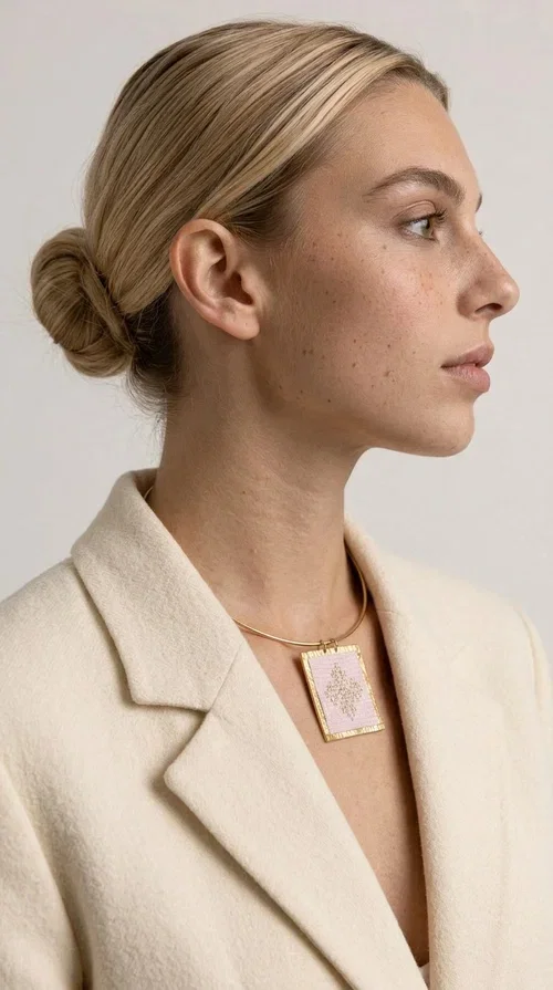 An embroidered necklace that combines the traditional art of embroidery with modern design, creating a piece of jewelry that stands out instantly.

Designed by Greek Jewelry Designer Aikaterini Chalkiadaki, this statement necklace features a rectangular embroidered motif in soft pink tones with gold geometric details inspired by Greek folk tradition. The gold brass frame highlights the embroidered fabric, while the delicate semicircular chain gives the whole piece an airy and elegant character.

Ideal for women who love striking jewelry with soul, this handmade necklace pairs perfectly with both casual and more formal outfits — just as shown here over a classic beige jacket. Bring folk aesthetics into your everyday look in a completely modern way.
