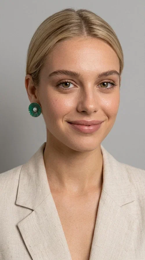 Handmade stud earrings with pearls in deep green are a choice that combines elegance and character, ideal for every woman who loves accessories with personality. Designed by Greek Jewelry Designer Aikaterini Chalkiadaki, these earrings are a unique combination of handmade artistry and contemporary aesthetics.

Made of brass and enamel in a vivid green tone, these earrings feature a central pearl that adds a delicate, feminine touch to a bold design. Their round, disc-shaped form with a woven-textured enamel surface creates an interesting visual texture that catches the eye without being overwhelming. The result is a piece of jewelry that stands on its own — the perfect statement piece for both everyday and evening looks.

They pair equally beautifully with casual outfits, professional looks, and formal events such as weddings and christenings. The green color flatters every skin tone and blends harmoniously with neutral, white, and bold colors alike.