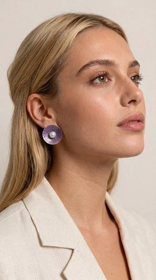 Stud earrings with pearls in a purple hue are an elegant choice that combines the feel of vintage aesthetics with modern design. Designed by Greek Jewelry Designer Aikaterini Chalkiadaki, these handmade earrings are a distinctive addition to the collection of any woman who loves authentic jewelry.

The circular shape with its ribbed brass surface, covered in deep purple enamel, showcases a shimmering pearl at its center, creating an effect reminiscent of a blooming flower. This refined design suits both everyday outfits and formal occasions, from corporate meetings to weddings and christenings.

These purple pearl earrings make an ideal gift for loved ones, as they are handmade with attention to detail and crafted from quality materials that ensure long-lasting wear.