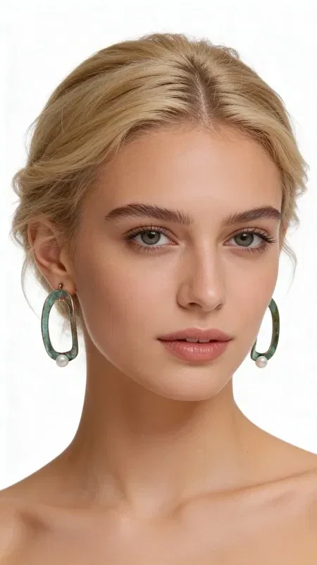 Discover the unique beauty of these stud earrings with pearls that combine finesse with a modern aesthetic. Designed by Greek Jewelry Designer Aikaterini Chalkiadaki, these striking earrings feature an original oval design with copper and green patina that creates a vintage aesthetic.

Each earring features a delicate pearl at the bottom that adds elegance and femininity to the geometric shape. The green patina on the copper creates a unique texture and color gradient that makes each piece one of a kind. These handmade earrings are ideal for women who love statement jewelry with an artistic character.