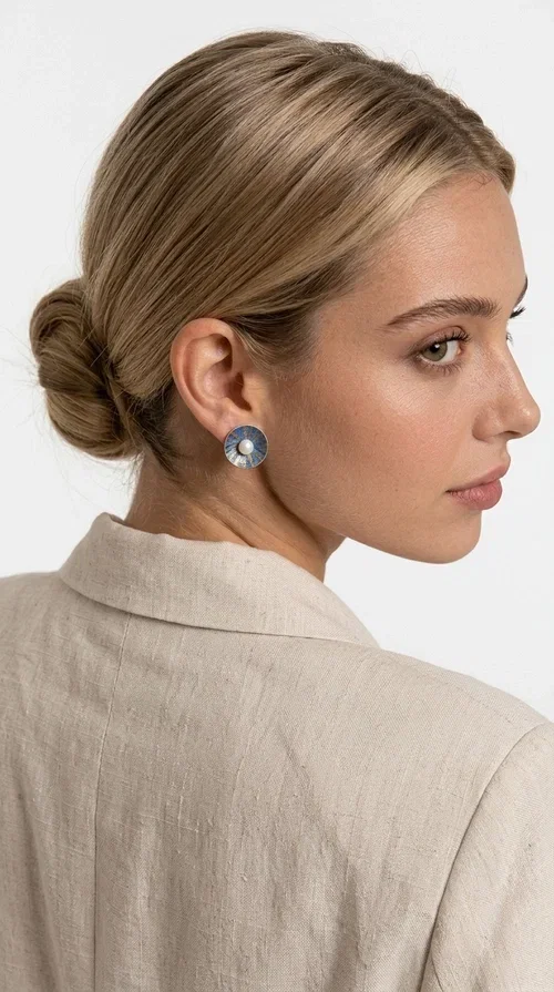 These handmade stud earrings with pearls in deep blue color are an elegant choice for every woman seeking jewelry with character and quality. Designed by Greek Jewelry Designer Aikaterini Chalkiadaki, these earrings combine the traditional art of enamel with the timeless beauty of the pearl, creating a result that truly stands out.

The circular brass shape with a relief surface in a radiant sunburst pattern gives the piece an open, flower-like character. The blue-toned enamel evenly covers the base, while at the center a white pearl stands out, adding finesse and contrast. Their stud design makes them ideal for everyday wear, as well as for formal occasions.

Wear them paired with linen or neutral outfits to highlight their color palette, or choose them as a statement piece for weddings, christenings, and every special moment.