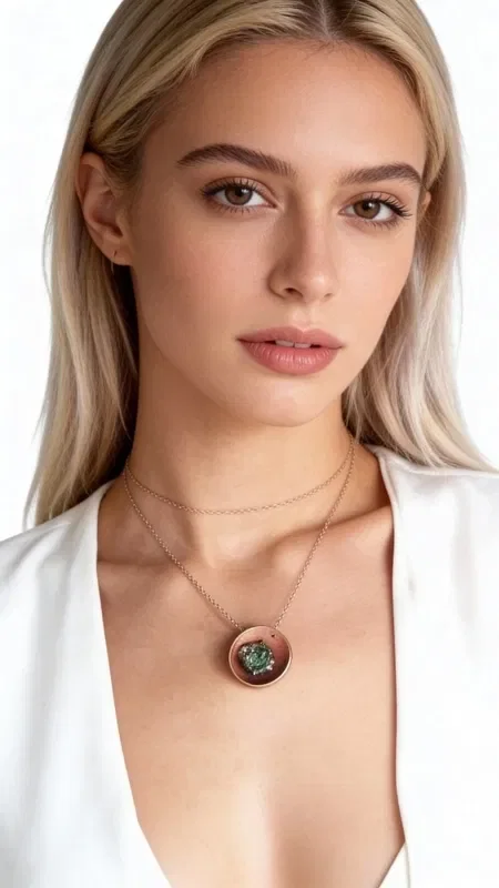Discover the magic of pyrite with this striking women's necklace that combines elegance with distinctive natural beauty. Designed by Greek Jewelry Designer Aikaterini Chalkiadaki, this unique handmade piece is the ideal choice for women who love statement accessories.

The necklace features a stunning oval pyrite stone in a beautiful salmon hue, harmoniously paired with brass. The natural shimmer of the pyrite creates plays of light that add a refined touch to the jewelry piece. The delicate brass chain completes the design, offering both comfort and elegance.

This handmade pyrite necklace is the perfect addition to both everyday and special looks. The neutral salmon tone makes it easy to pair with any outfit, while the unique texture of the pyrite adds an impressive character.